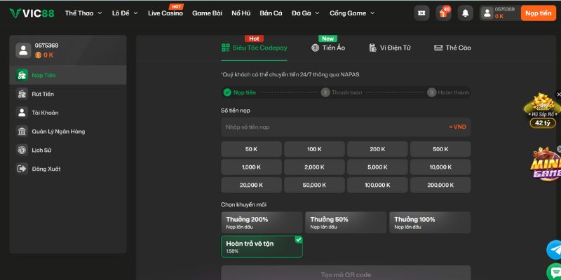 Quy trình nạp - rút nhanh chóng, tiện lợi tại VIC88